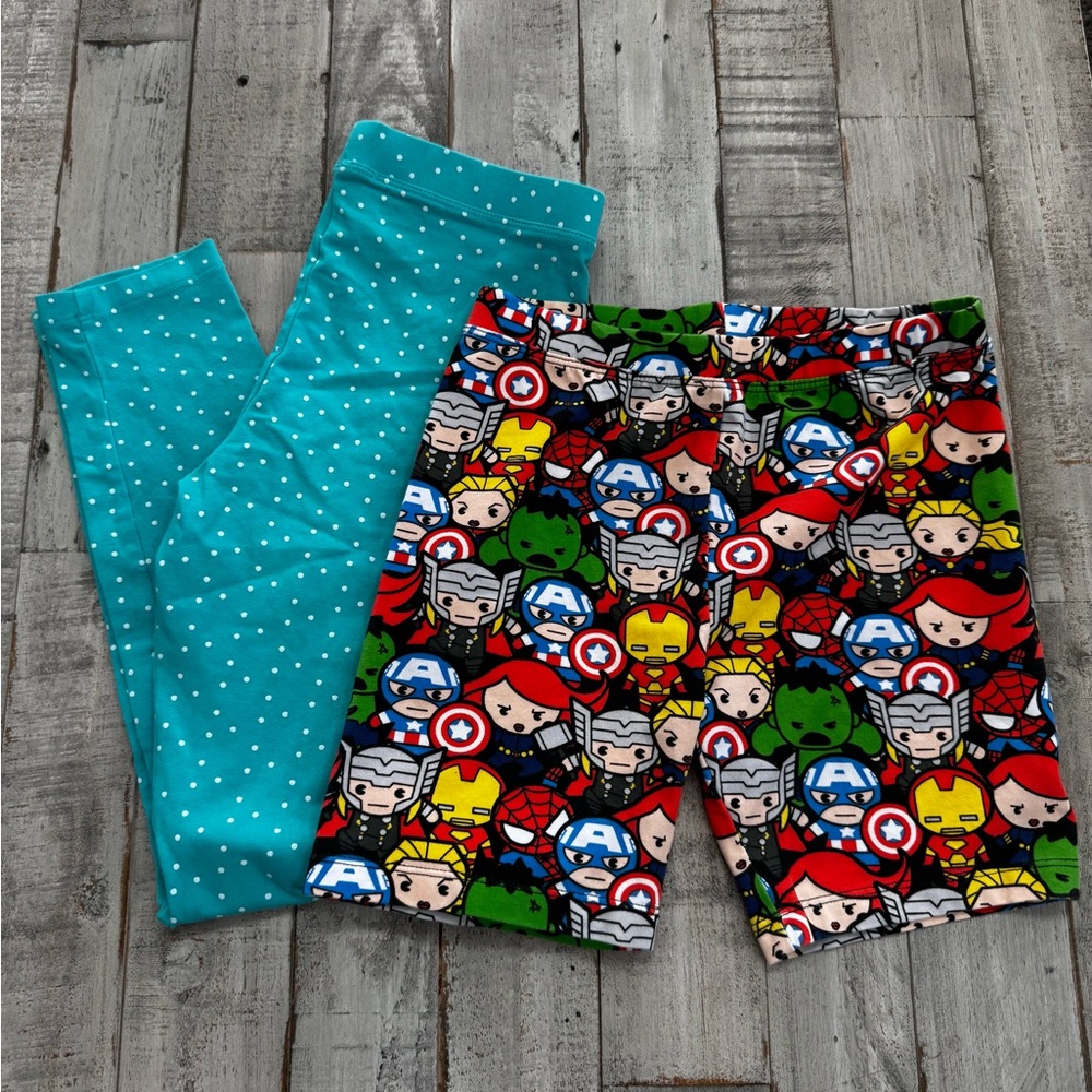 Marvel Spotted Zebra Superhero Shorts and Turquoise and White Polka Dot Leggings